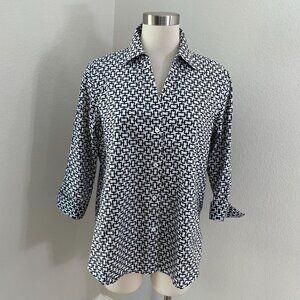 Foxcroft NYC Womens Large Easy Care Black White Geometric Button Up Shirt Blouse